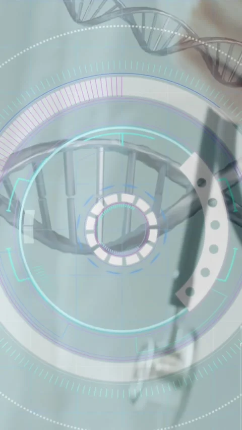 Animation of dna strands and scope scanning over hand with stethoscope Stock Footage 342609258