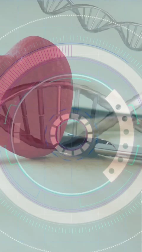 Animation of dna strands and scope scanning over stethoscope and heart Stock Footage 342643326