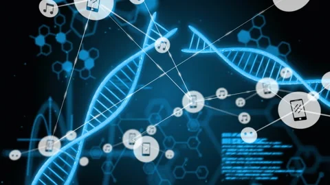 Animation of DNA strands with digital icons showing technology and biology Stock Footage 303555778