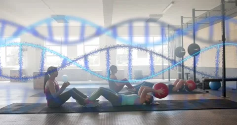 Animation of dna strands over diverse women cross training in pairs with Stock Footage 329284295
