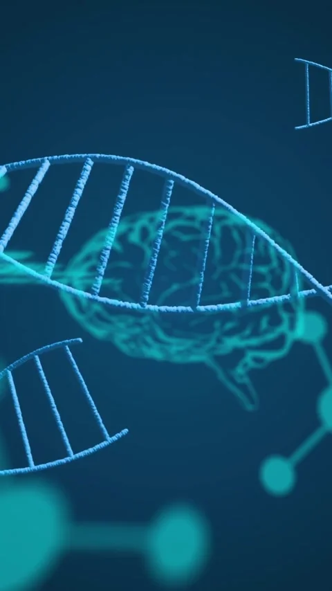 Animation of dna strands over elements, brains and data on blue background Stock Footage 343739523