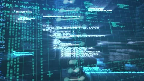 Animation of dna structure and computer coding grid pattern in background Stock Footage 326303074