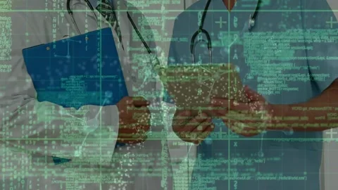 Animation of dna structure and data processing over mid section of male health Stock Footage 325699775