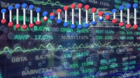 Animation of dna structure and human brain icon against stock market data 库存影片 326032624