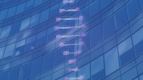 Animation of dna structure rotating against blue office building Stock Footage 316217467