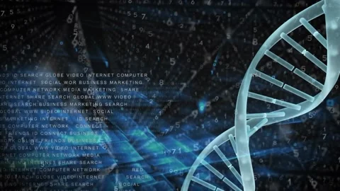 Animation of dna structure spinning and hexagonal pattern over binary coding and Stock Footage 234948877