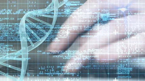 Animation of dna structure spinning and data processing against close up of hand Stock Footage 327199791