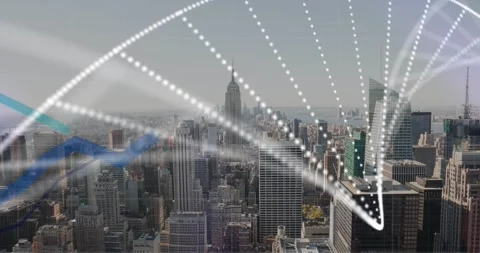 Animation of dna structure spinning and statistical data processing over aerial Stock Footage 328087507