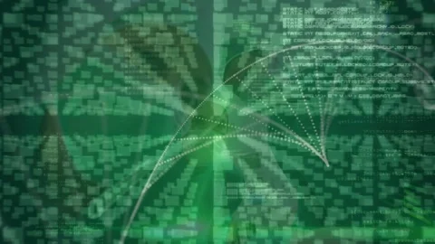 Animation of dna structure spinning and data processing against team of surgeons Stock Footage 328836100