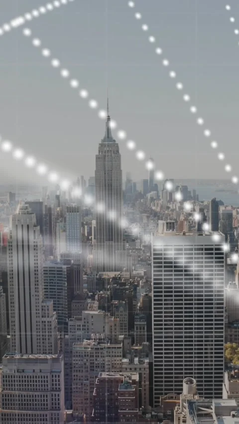 Animation of dna structure spinning and statistical data processing over aerial Stock Footage 343615547