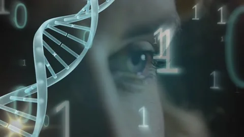 Animation of dna structure spinning, binary coding and light spot over close up Video stock 204769034