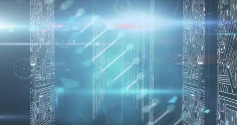 Animation of dna structure spinning over screens of microprocessor connections Vídeo Stock 203837705