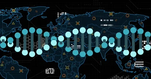 Animation of dna structure spinning over world map and data processing against Stock Footage 328360200