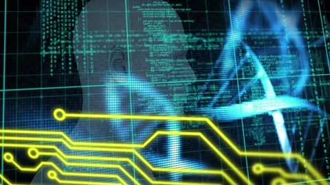 Animation of dna structures spinning and microprocessor connections over human Vídeo Stock 329361966