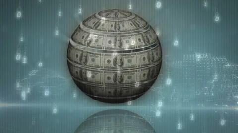 Animation of dollar bill sphere with binary code and digital patterns in Stock Footage 305117377