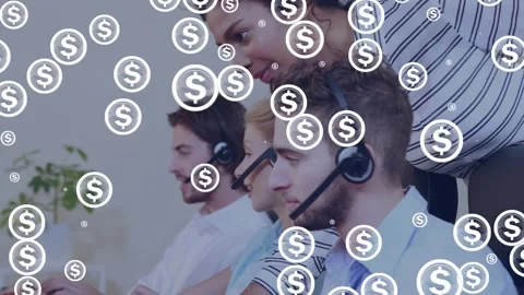 Animation of dollar icons over diverse business people using computer Stock Footage 328523121