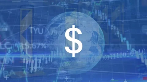 Animation of dollar sign, graphs, trading board, binary codes on globe over Stock Footage 229434309