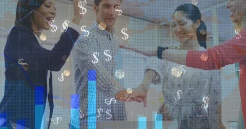Animation of dollars and graphs over diverse businesspeople clapping hands Stock Footage 330943632