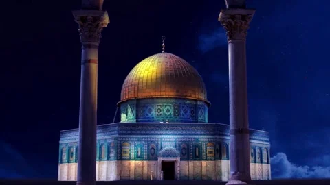 Animation Dome of the Rock in Jerusalem over the Temple Mount mosque. aerial Stock Footage 270955336