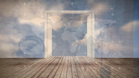 Animation of door opening over world map and compass Stock Footage 315950707