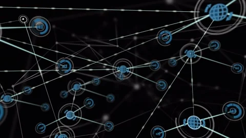 Animation of dots and icons interconnected with lines against black background Video stock 327271249