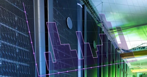 Animation of dots and lines forming graph over data server room 스톡 동영상 326304849