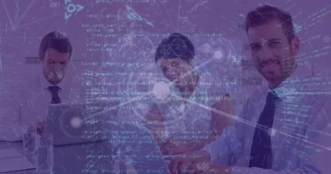 Animation of dots and programming language over caucasian coworkers working over Vidéo 204820213