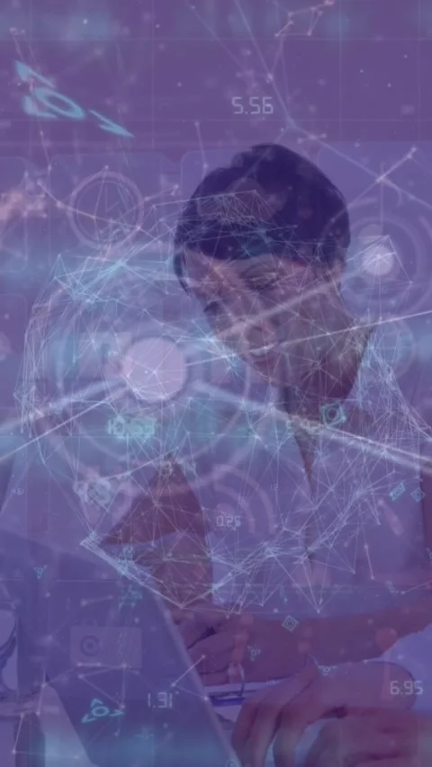 Animation of dots and programming language over caucasian coworkers working over Stock Footage 322559372