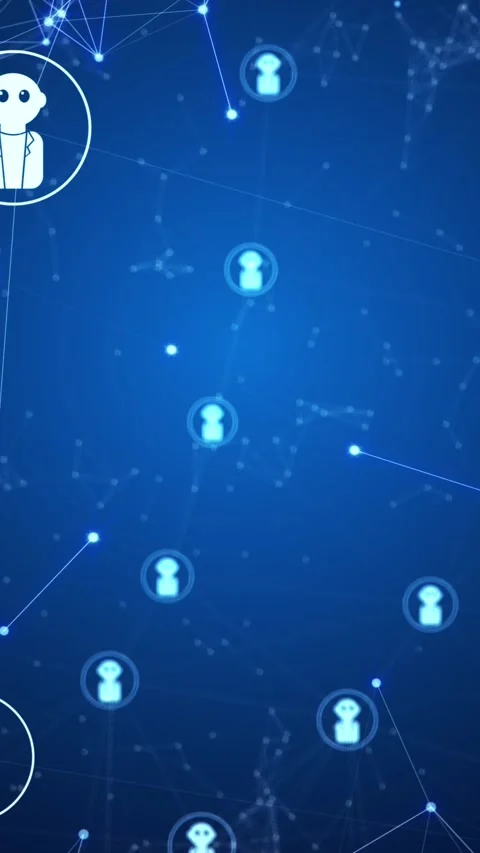 Animation of dots and robot icons connecting with lines and rotating on abstract Stock Footage 344723236