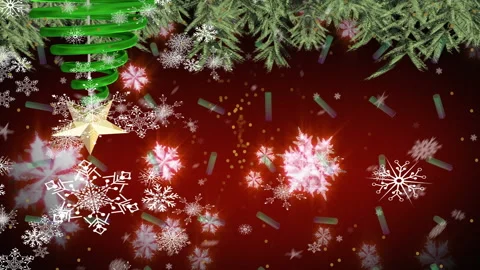 Animation of dots and vector snowflakes moving around christmas tree Video stock 316040313