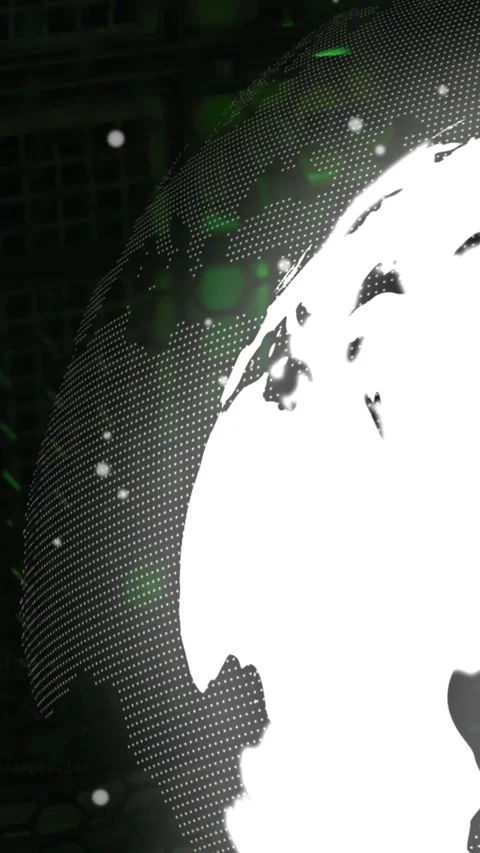 Animation of dots around globe and computer language over server rack in Stock Footage 321440891