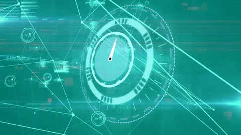 Animation of dots connected with lines, digits in circle, graphs, glare and data 스톡 동영상 209255566