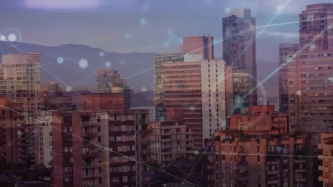 Animation of dots connected with lines over aerial view of buildings against Video stock 326757885