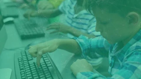 Animation of dots connected with lines over caucasian boy using computer in Stock Footage 330407015