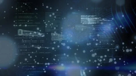 Animation of dots flying and looping binary codes with programming language on Stock Footage 203888605