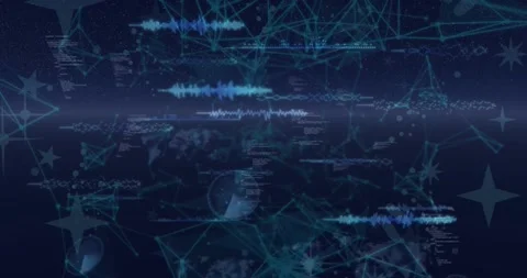 Animation of dots forming abstract pattern, programming language, soundwave and Stock Footage 209608017