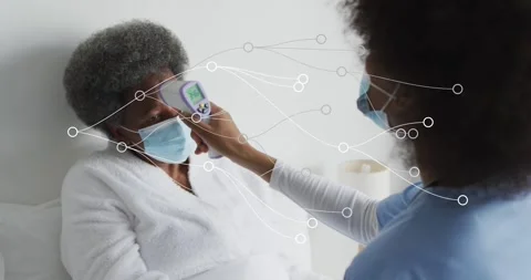 Animation of dots forming abstract pattern over female nurse checking Stock Footage 328354233