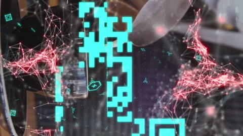 Animation of dots forming abstract shapes, qr code over midsection of barista Stock Footage 312488252
