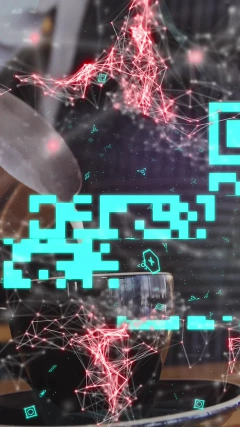 Animation of dots forming abstract shapes, qr code over midsection of barista Stock Footage 322084615