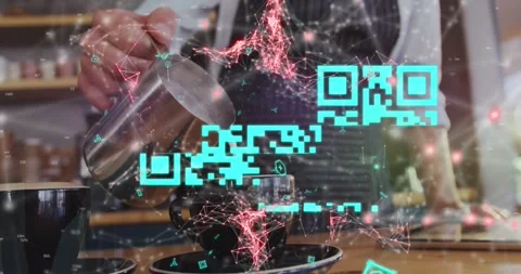 Animation of dots forming abstract shapes, qr code over midsection of barista Stock Footage 329568735