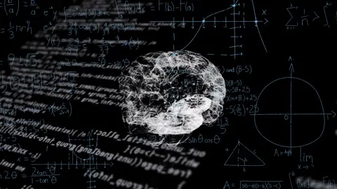 Animation of dots forming brain over computer language, mathematical equations Stock Footage 236961021