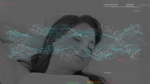 Animation of dots forming dna helix and technical glitch over caucasian woman Stock Footage 327956320
