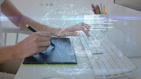 Animation of dots forming globe and computer language, caucasian man sketching Stock Footage 247907966