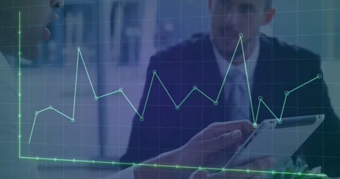 Animation of dots forming graph over grid pattern against diverse coworkers Stock Footage 244698505