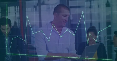 Animation of dots forming graph over grid pattern against caucasian man standing Stock Footage 246588655