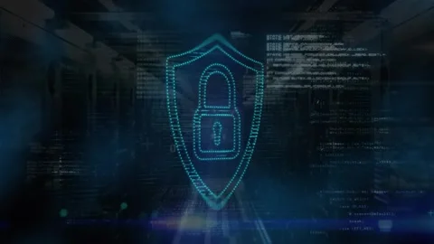 Animation of dots forming padlock in shield, computer language, binary codes Video stock 247965982