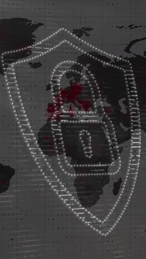 Animation of dots forming padlock in shield over lens flares and map on white Stock Footage 344636364