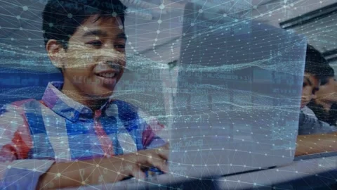 Animation of dots forming wave pattern and programming code over smiling asian Stock Footage 204924949