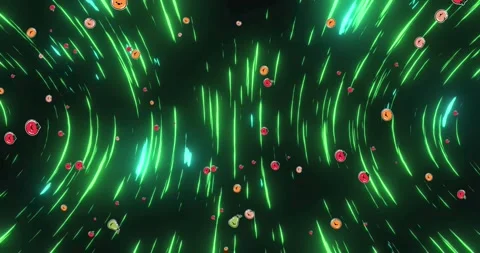 Animation of doughnuts falling green lights moving fast on black background Stock Footage 326405965