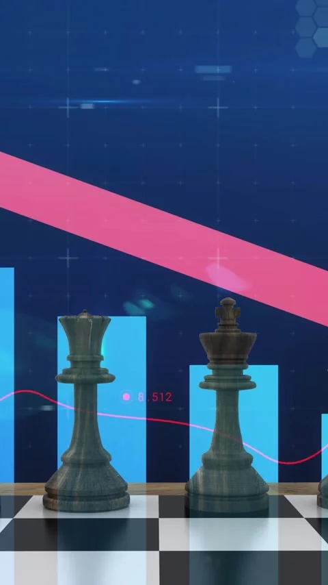 Animation of downward arrow, graph and processing data over chess pieces on Stock Footage 320228550